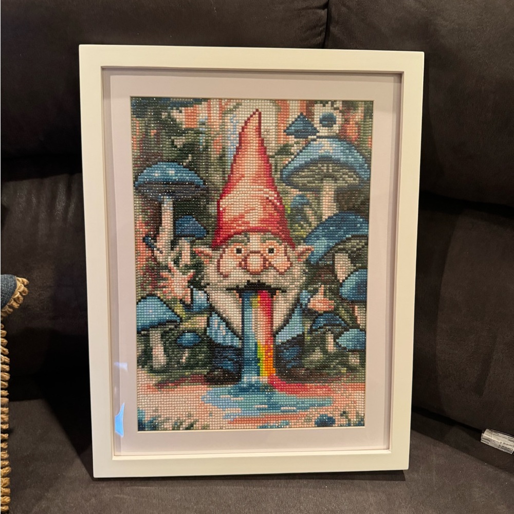Colorful Gnome Fiber Art in White Frame